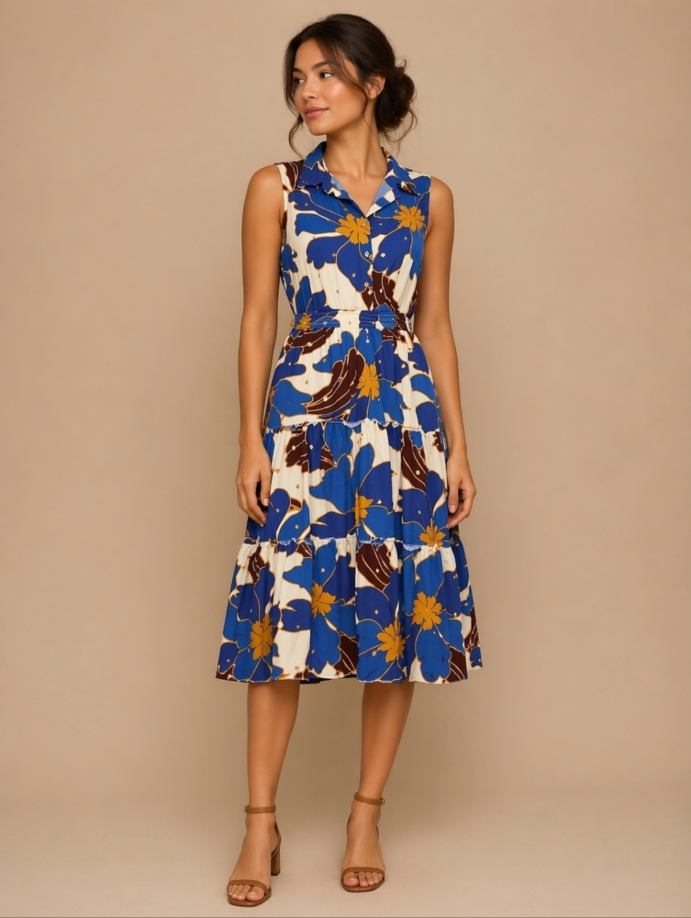 ALEX and PARKER Tropical Blue Floral Sleeveless Tiered Shirt Tiki Dress